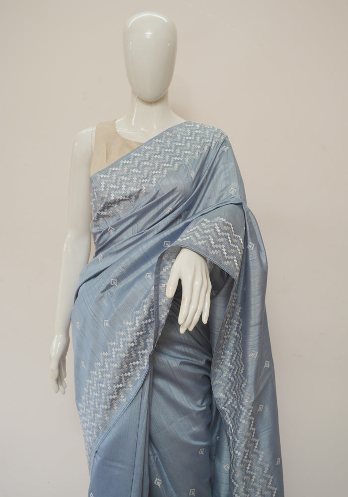 Rhino Color All Over Embroidery Semi Tussar Saree With Running Blouse