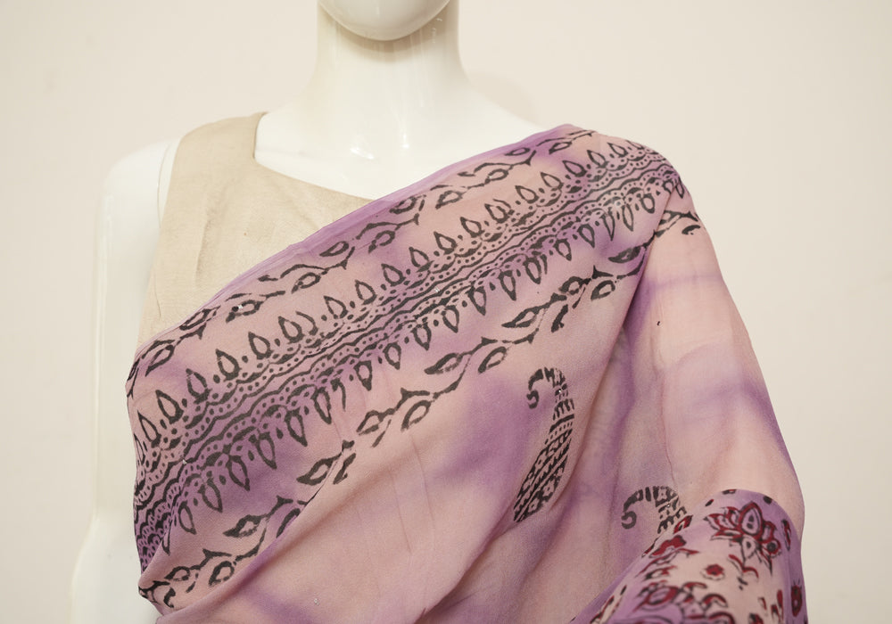 Steel Grey Refined KotaDoria Dye Block Printed Cotton Saree With Blouse main image 1
