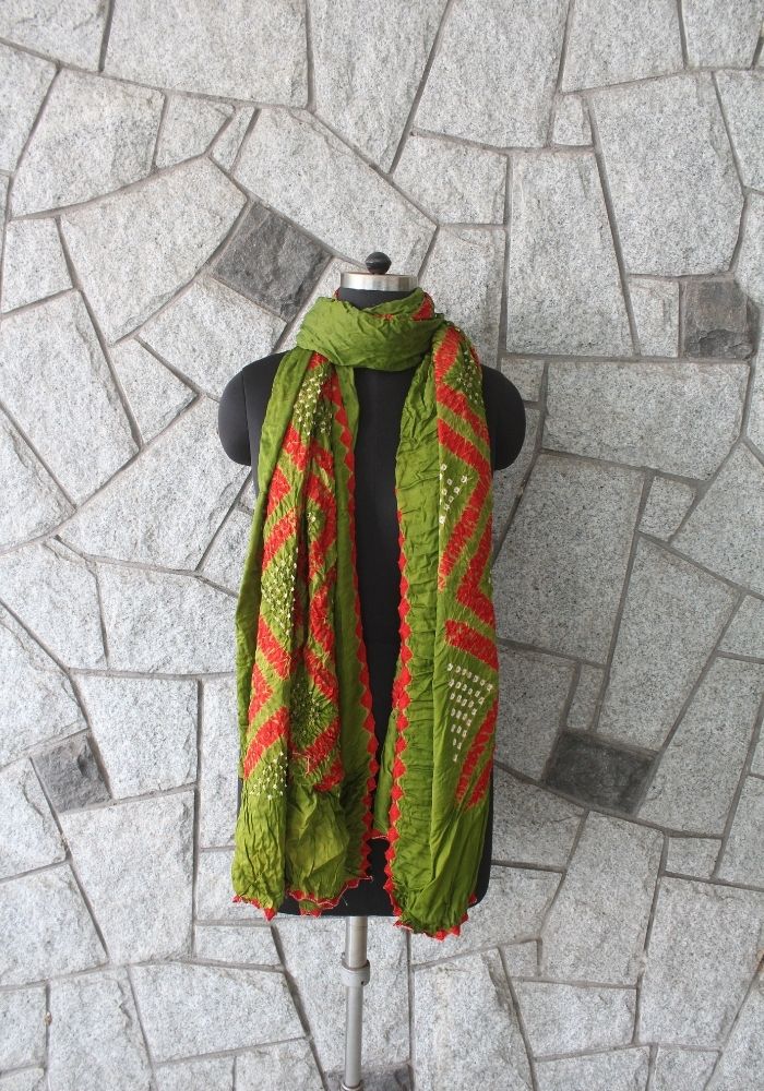 Light Green and Red Bandini Modal Silk Dupatta