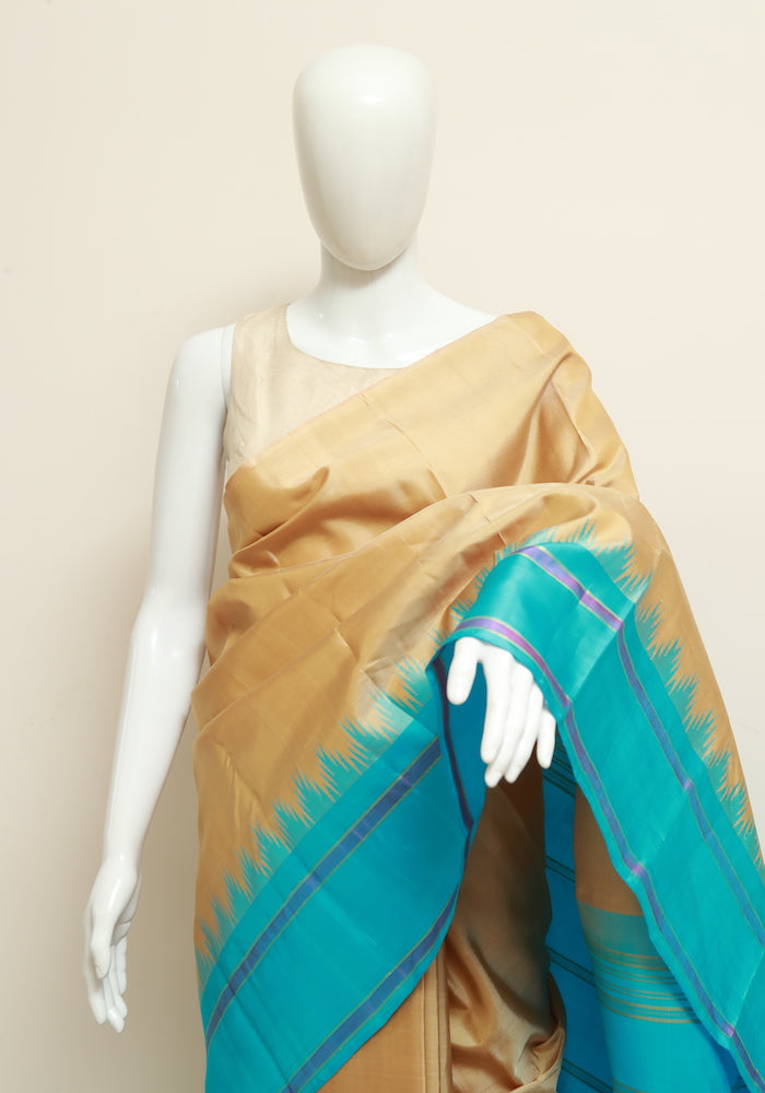 Light Brown and Blue Kanchipuram Silk Saree