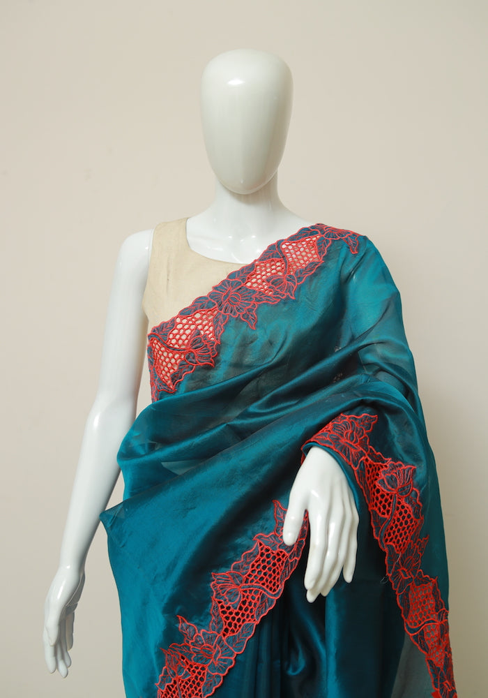 Blue Green Organza Saree with Red Cut Work