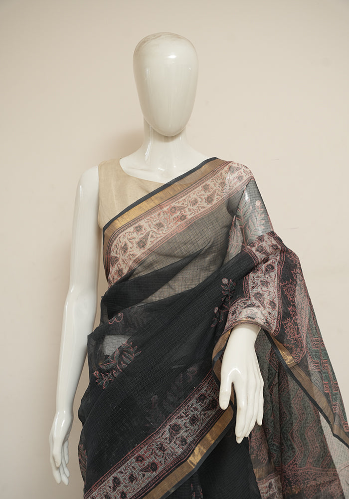 Light Green Leafy Ethnic KotaDoria Block Printed Cotton Saree With Blouse main image 1