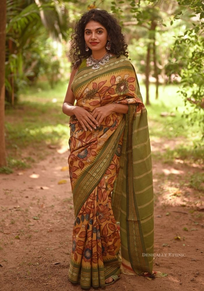Kalamkari semi silk saree blue and yellow with allover prints and prin –  Cherrypick