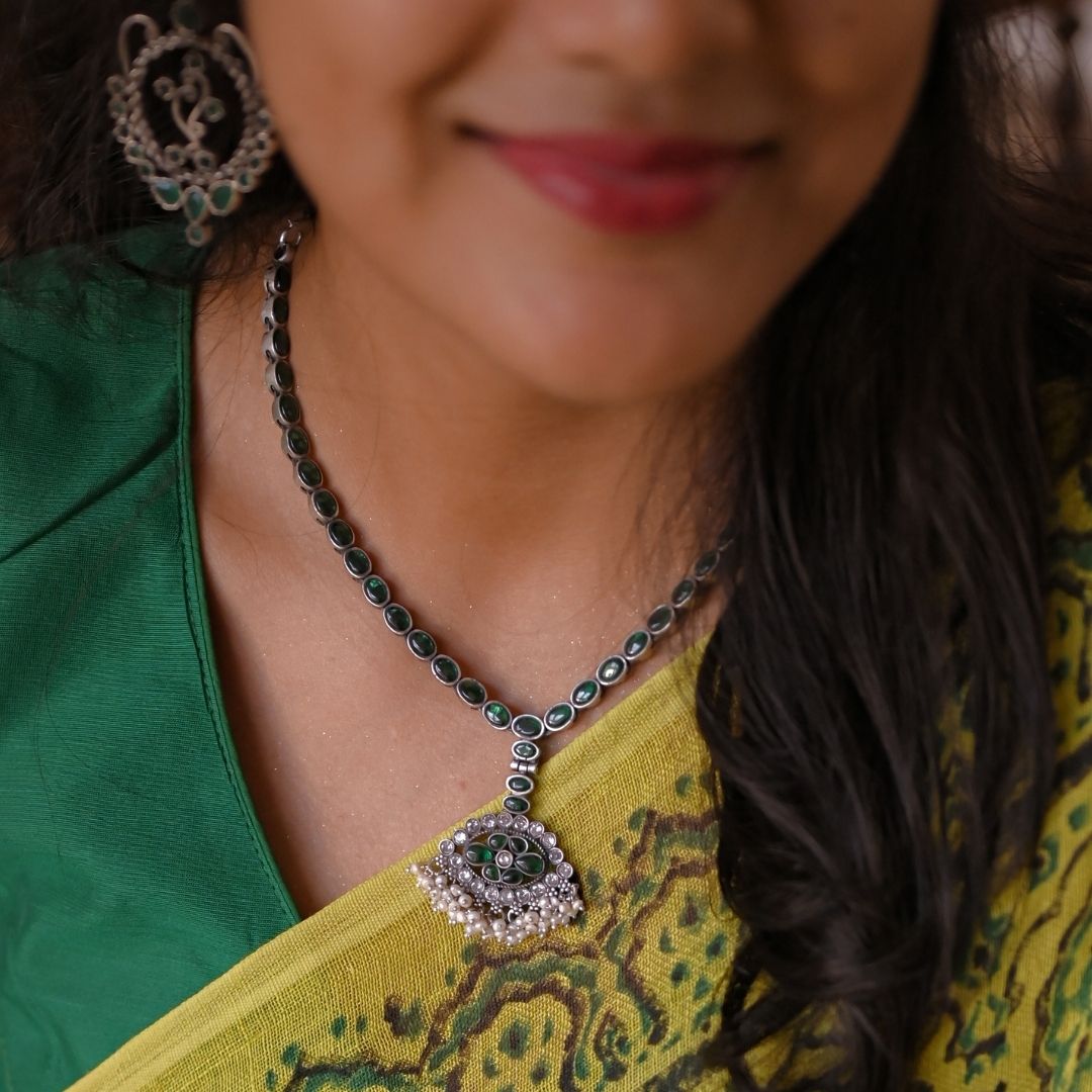 Sterling Silver Addigai with Green and White Stones - Desically Ethnic