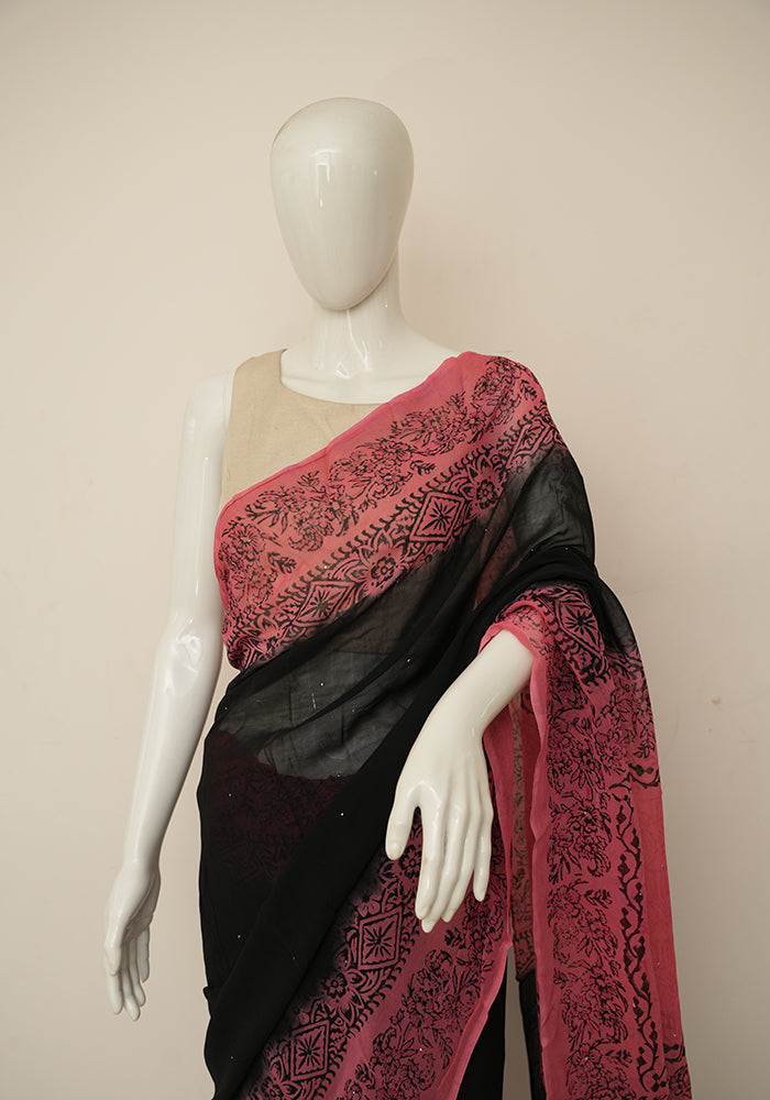 Silk Mills Crepe Pink And Black Saree With Blouse Poly Silk - Free Shipping  | eBay