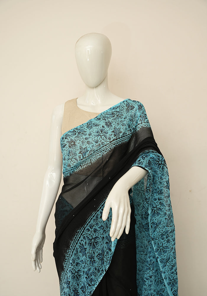 Black with Blue Floral Print Pure Handwoven Tussar Silk Saree with Cut –  Looms Legacy