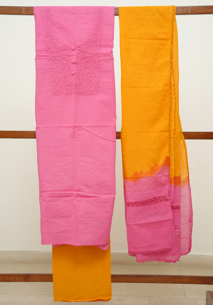 Pink and Mango Yellow Unstitched Cotton Salwar Set With Chikankari Work and  Crochet Dupatta|Desically Ethnic