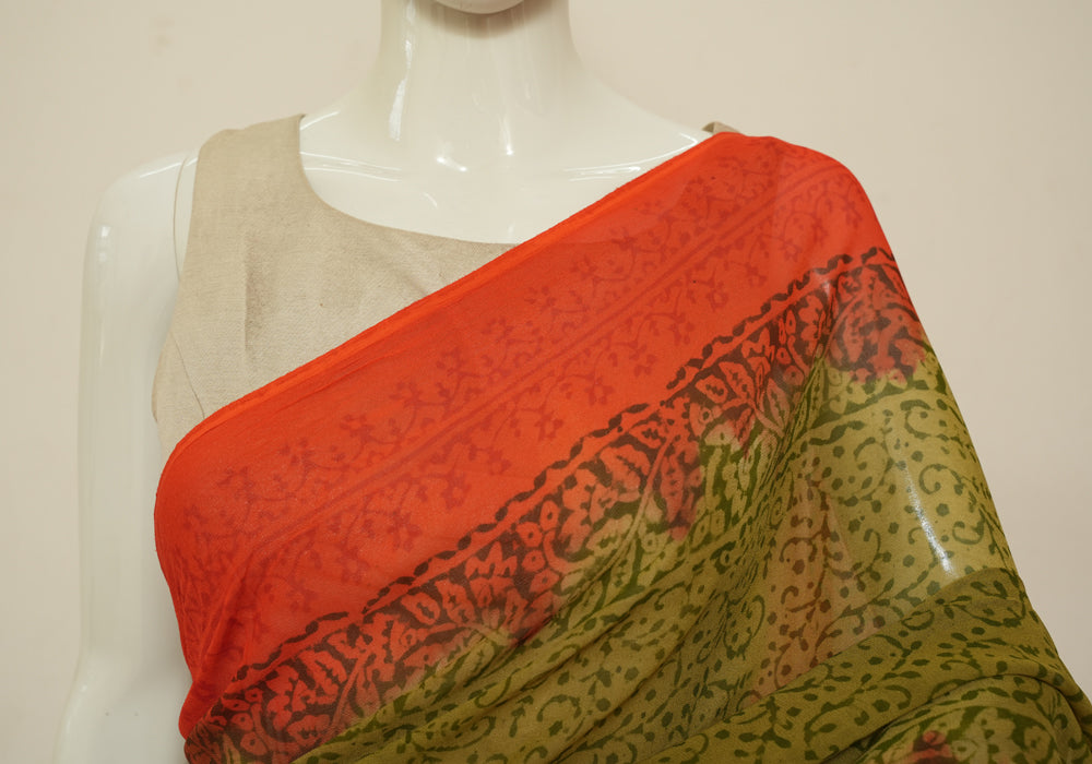 Mehandi Green and Orange Block Printed Georgette Saree|Desically Ethnic