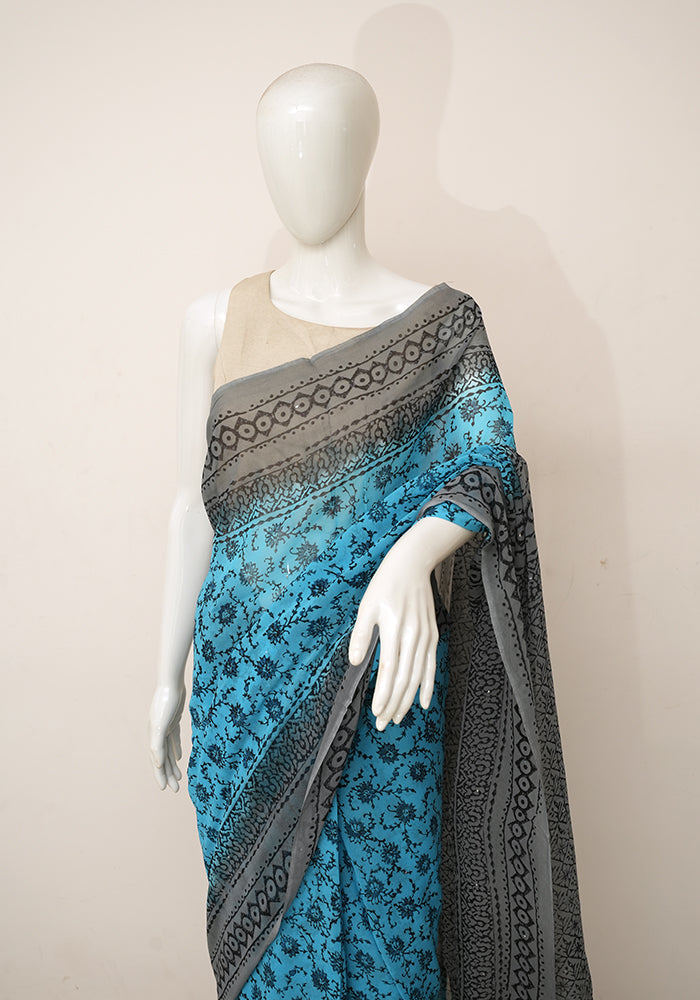 Grey Banarasi Kora Saree with Blue Border | Mamatha Tulluri