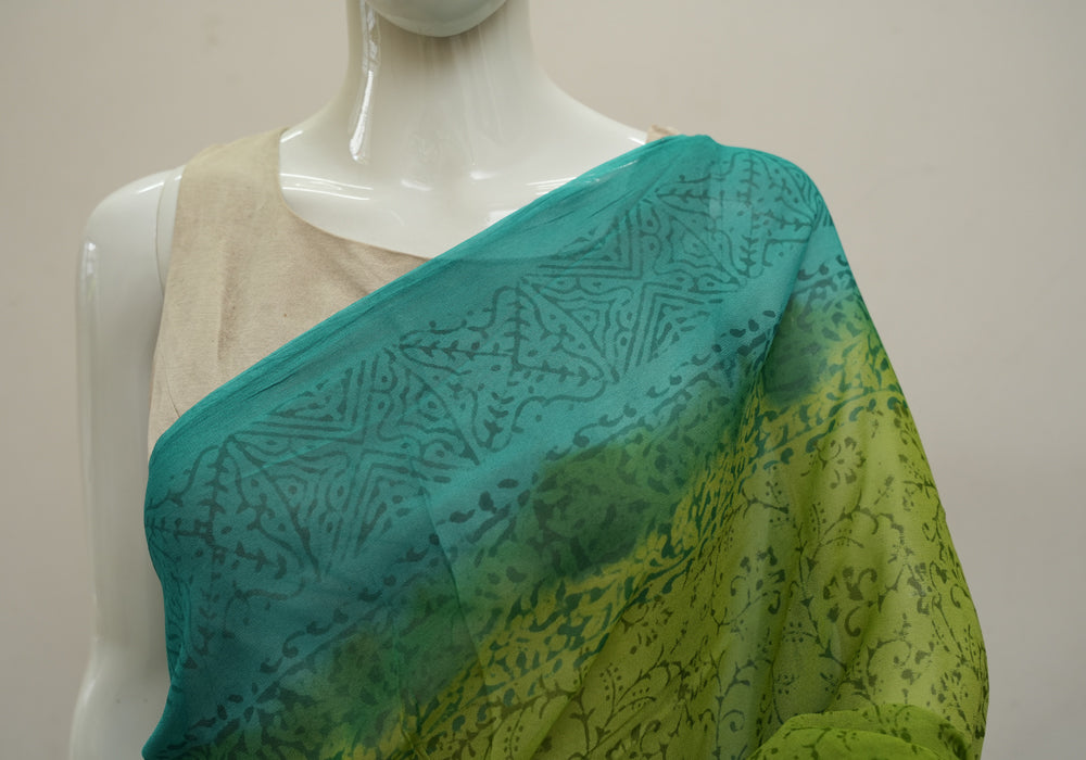 Mehandi Green and Turquoise Blue Block Printed Georgette Saree ...