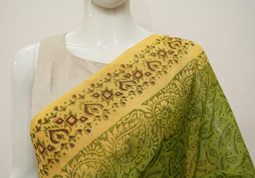 Mehandi Green and Yellow Block Printed Semi Organza Saree with Badla ...
