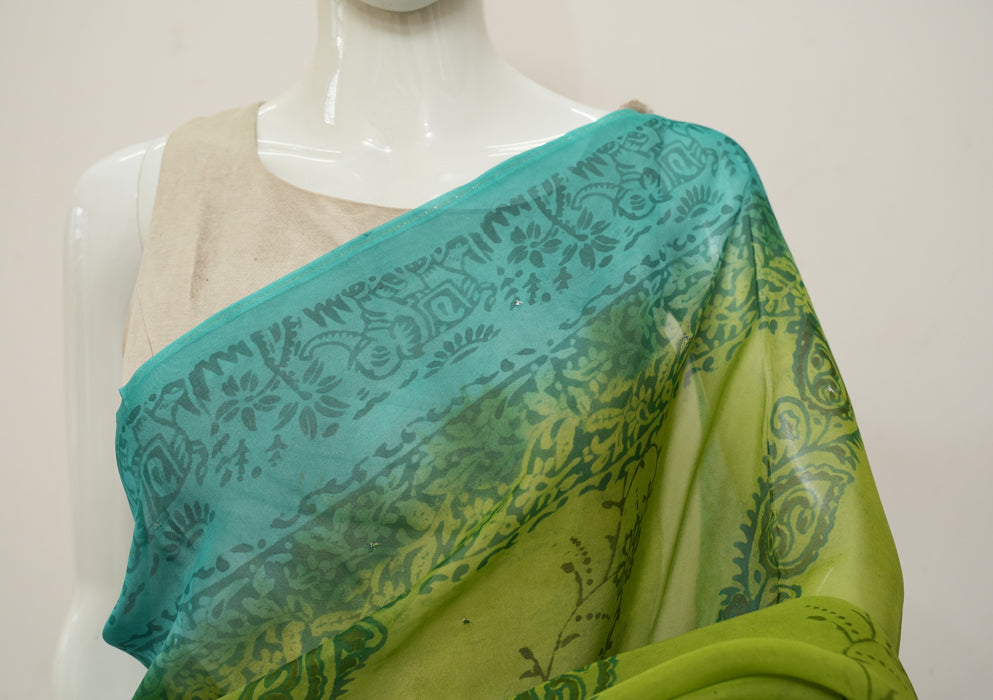 Mehandi Green and Sea Green Block Printed Semi Organza Saree with Badla ...