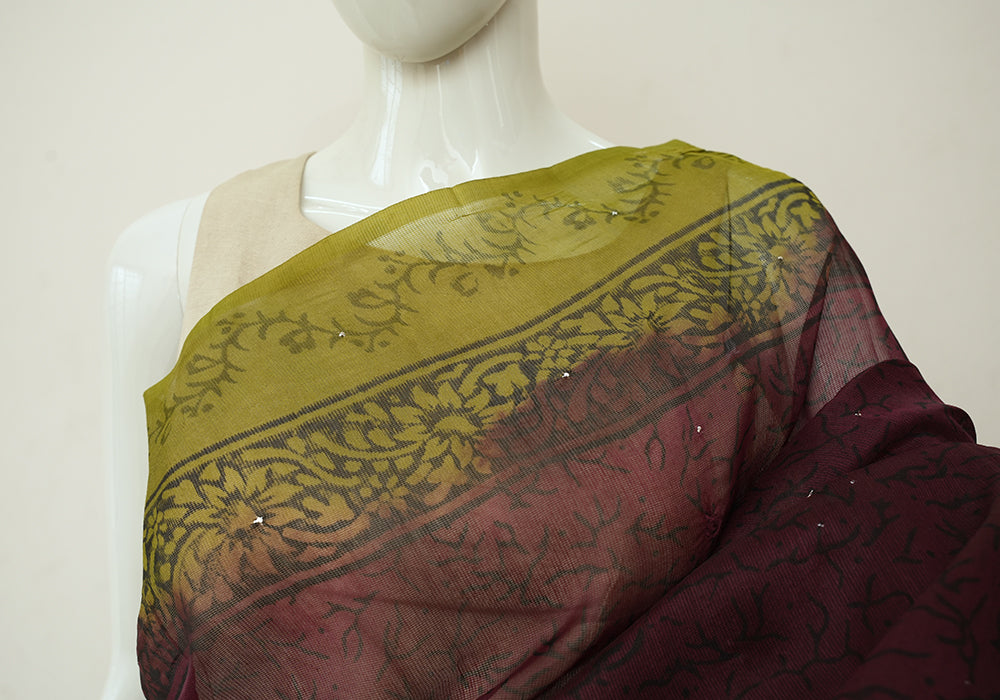 Jamun Red and Mehandi Green Block printed Supernet Kota saree With ...