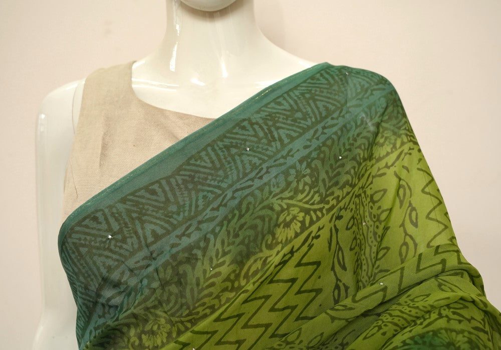 Mehandi Green and Teal Green Block Printed Semi Organza Saree with ...