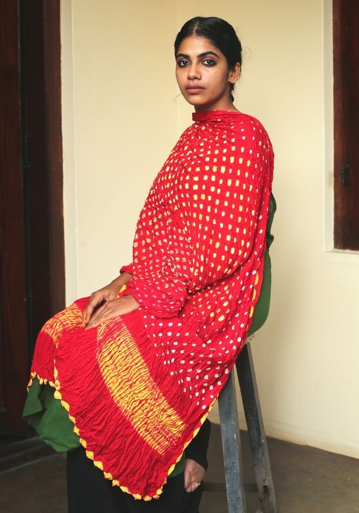 Red and Yellow Bandini Modal Silk Dupatta