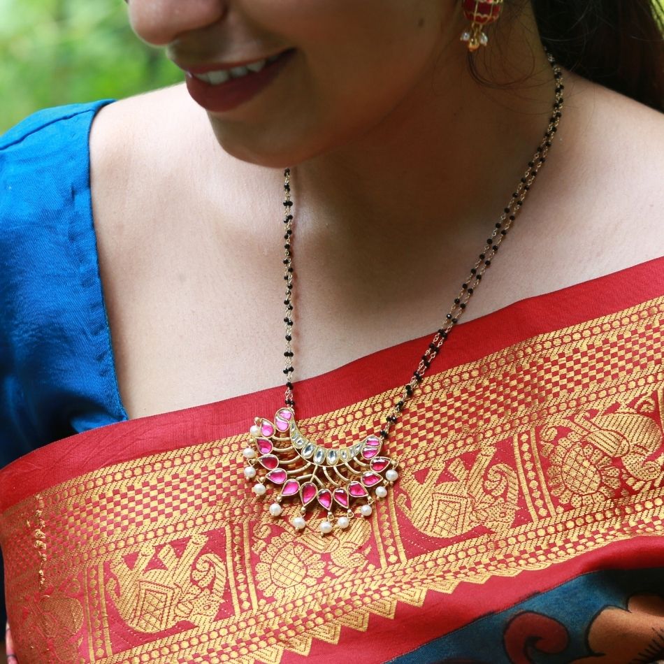 Gold Dipped Silver Mangalsutra Necklace with a Kundan Pendant