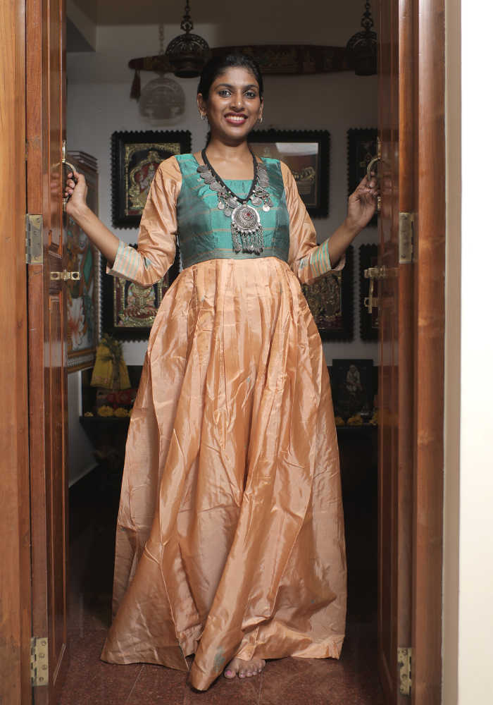 Banarasi long dress with zari weaving and Belt  Long gown    siyarasfashionhouse