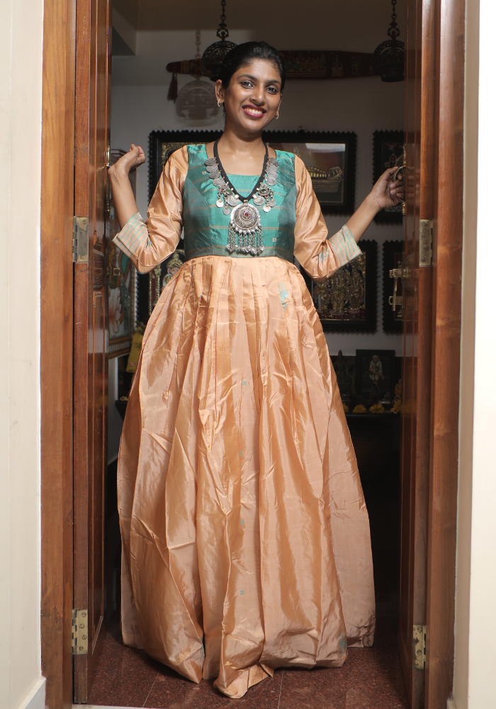 Beige and Greenish Blue Chinnalapattu Dress  Desically Ethnic