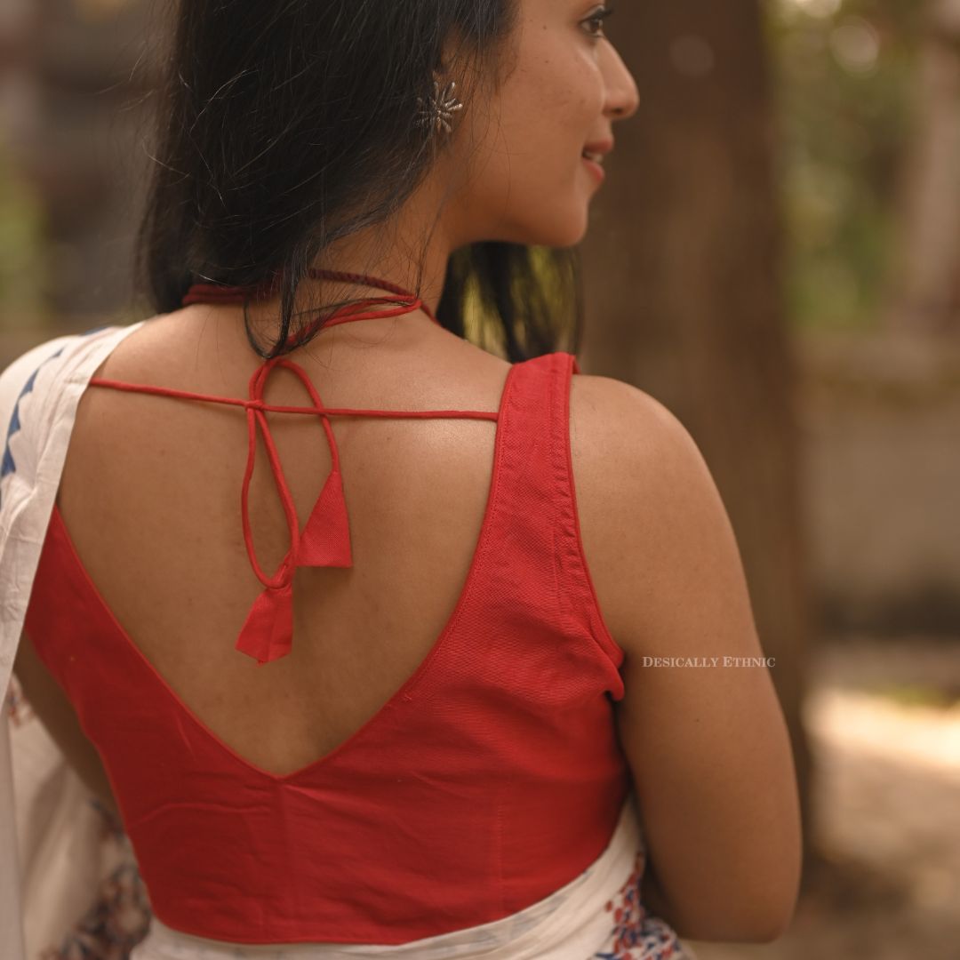 Red sleeveless Chanderi Cotton Readymade Blouse Desically Ethnic