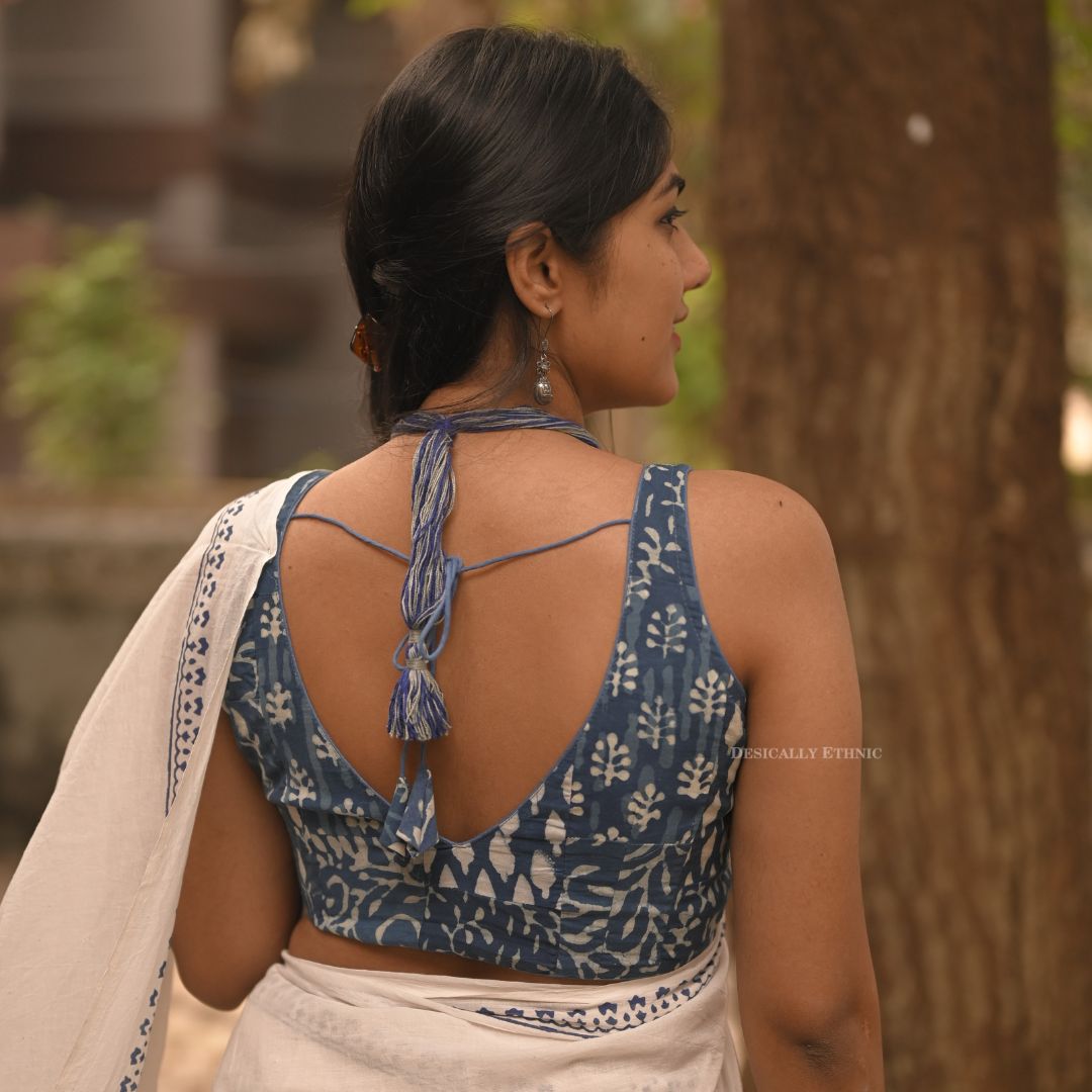 Indigo Patchwork Sleeveless Readymade Blouse