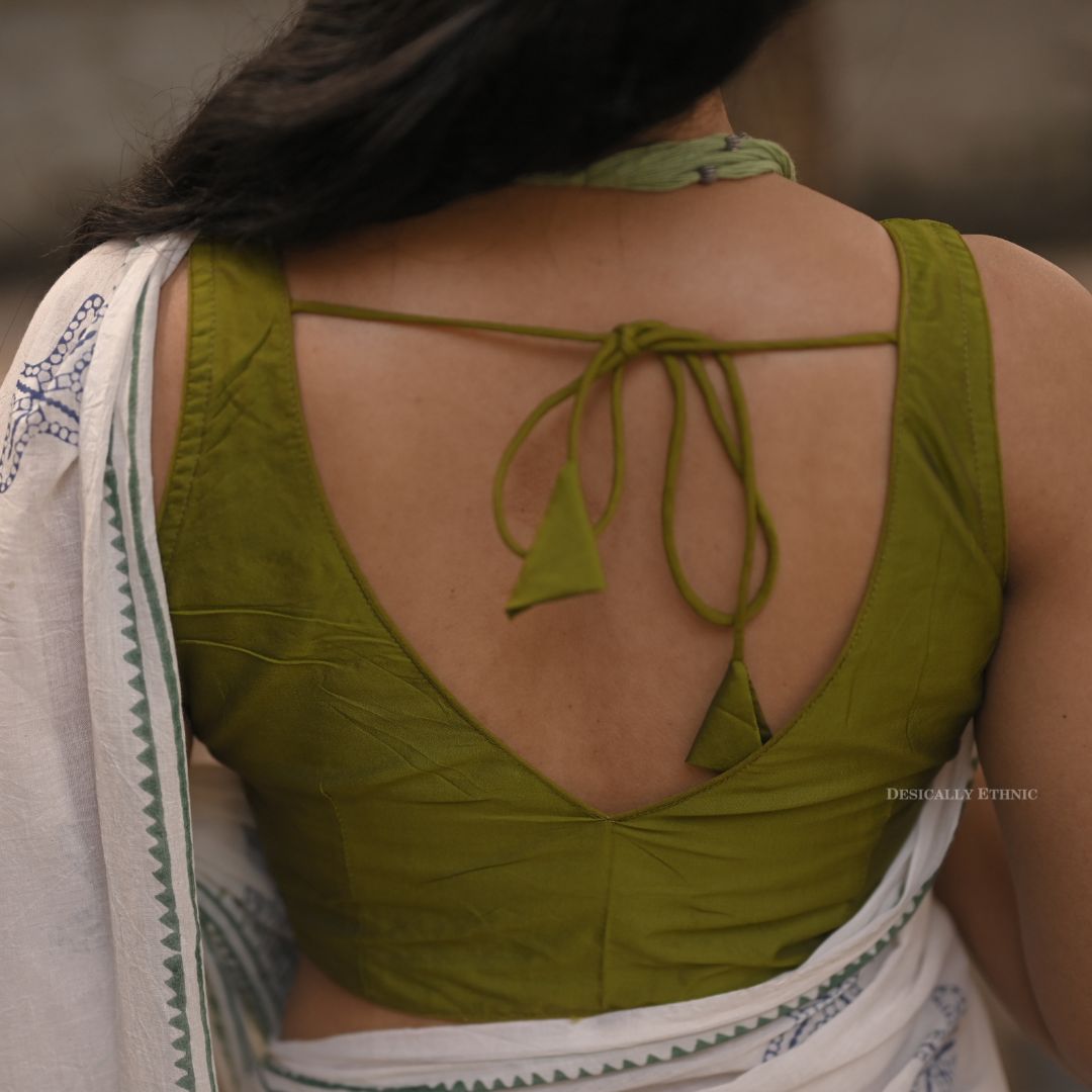Olive Green Cotton Silk Sleeveless Readymade Blouse