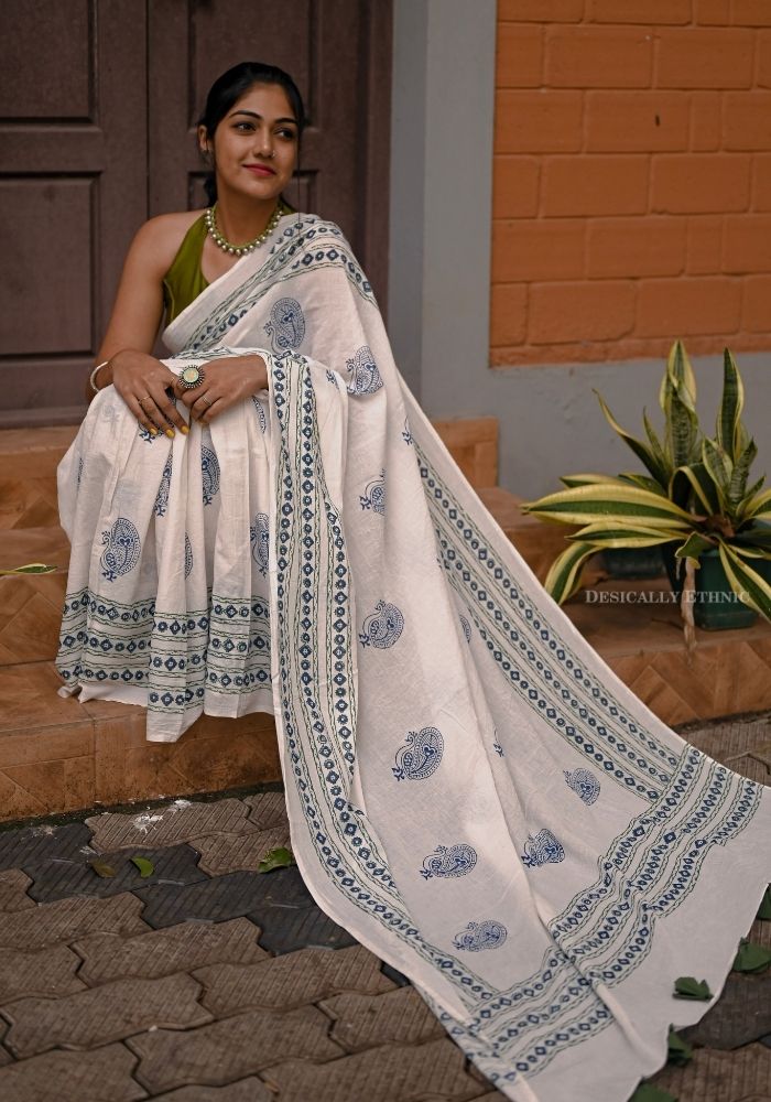 White with Blue and Green Block Printed Mul Cotton Saree with Peacock ...