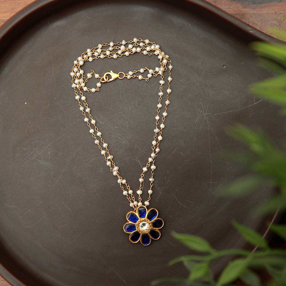 Gold Dipped Silver Pearl Necklace with Flower Motif and Blue