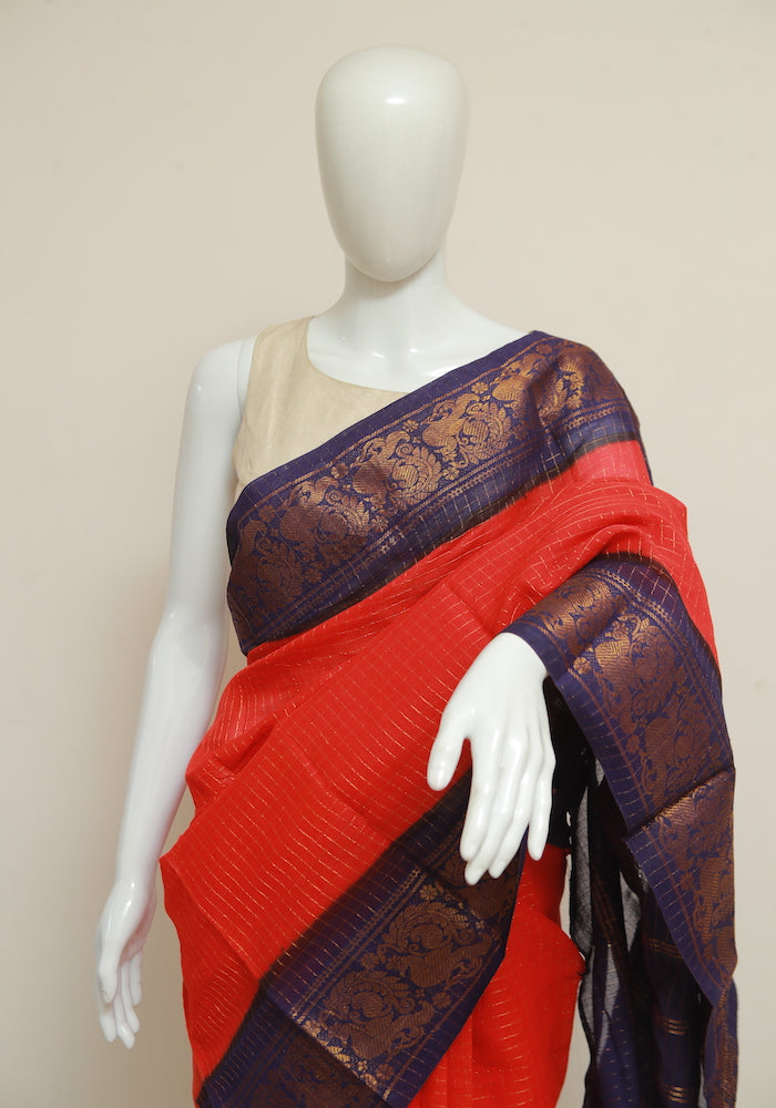 Red Sungudi Saree with Blue Border Design 2