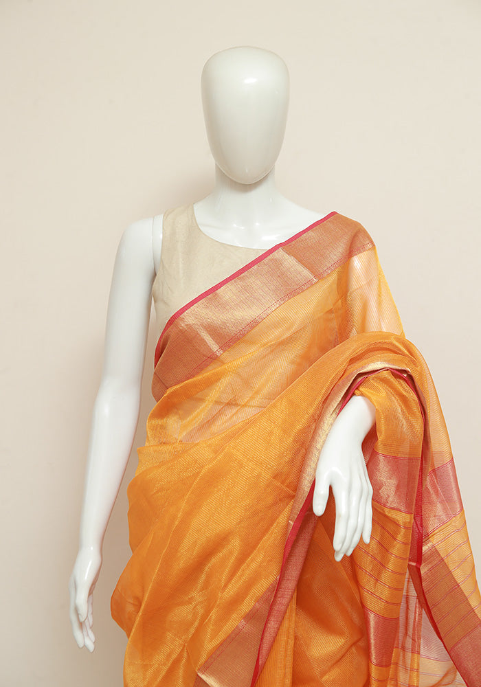 Orange  and Pink Tissue Maheshwari Saree