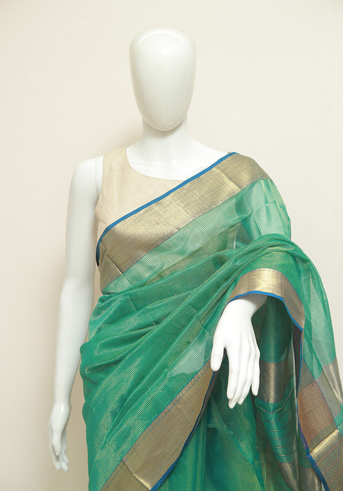 Light green and Blue Tissue Maheshwari Saree