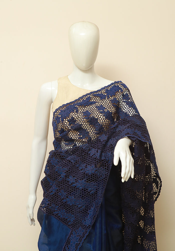 Dark blue cut work saree in organza silk