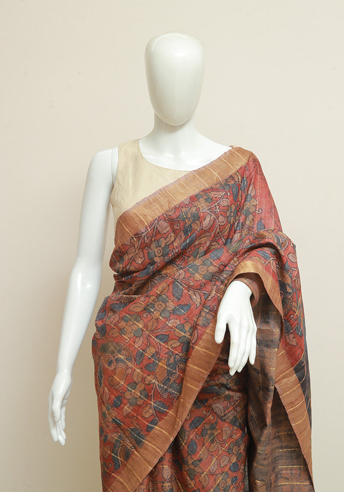 Maroon Checked Tussar Silk Saree with Peacock and Leaf Motif