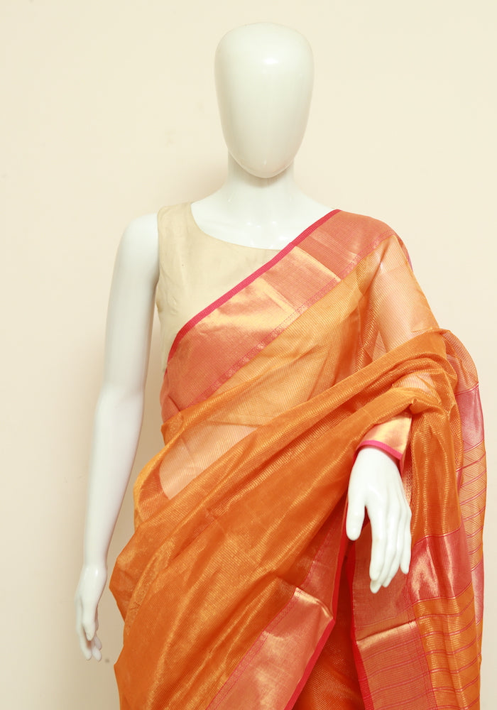 Orange and Pink Tissue Maheshwari Saree