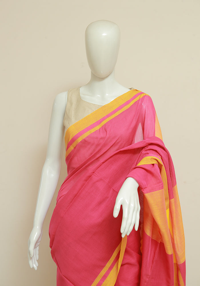Pink and Yellow Border Handloom Bengal Cotton Saree