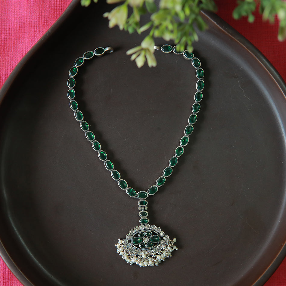 Sterling Silver Addigai with Green and White Stones