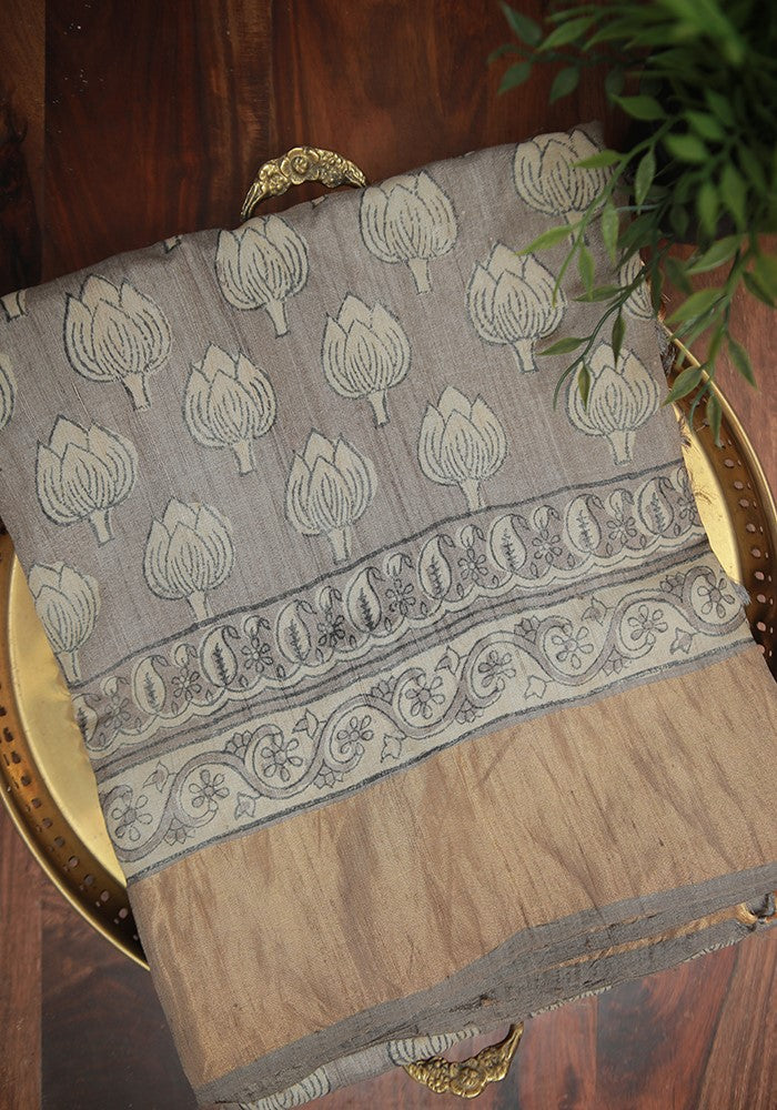 Cloudy Grey Block Printed Tussar Silk Saree with Zari and Lotus Motif