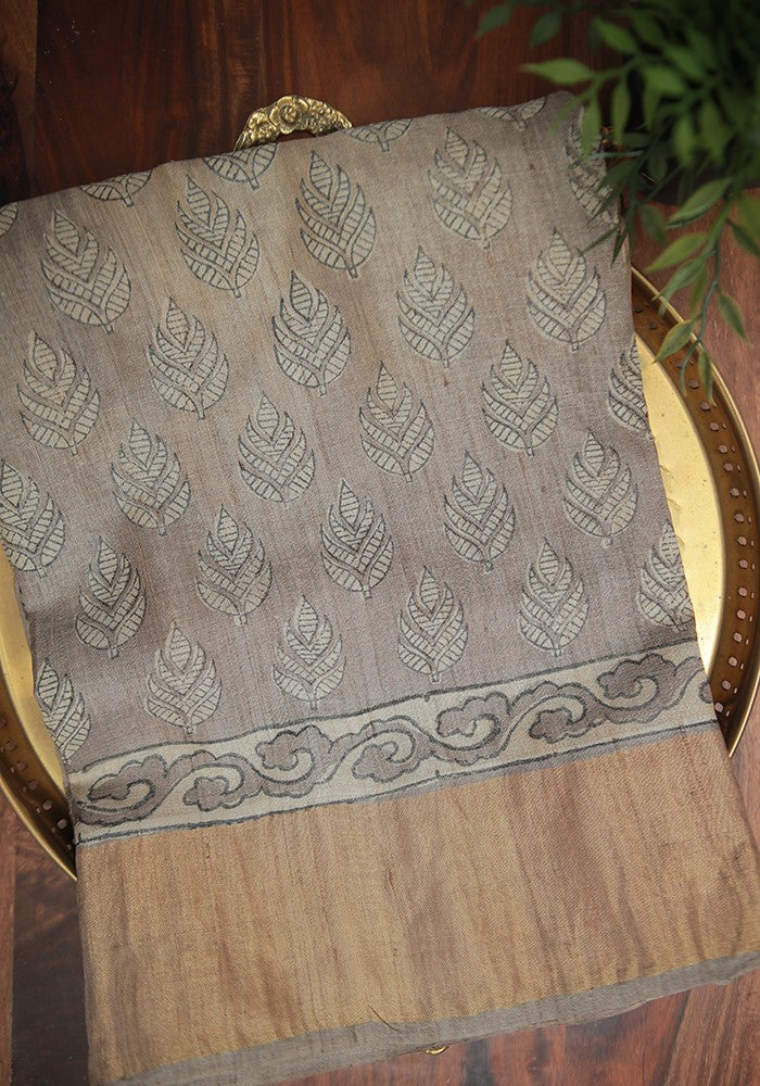 Cloudy Grey Block Printed Tussar Silk Saree with Zari and Leaf Motif