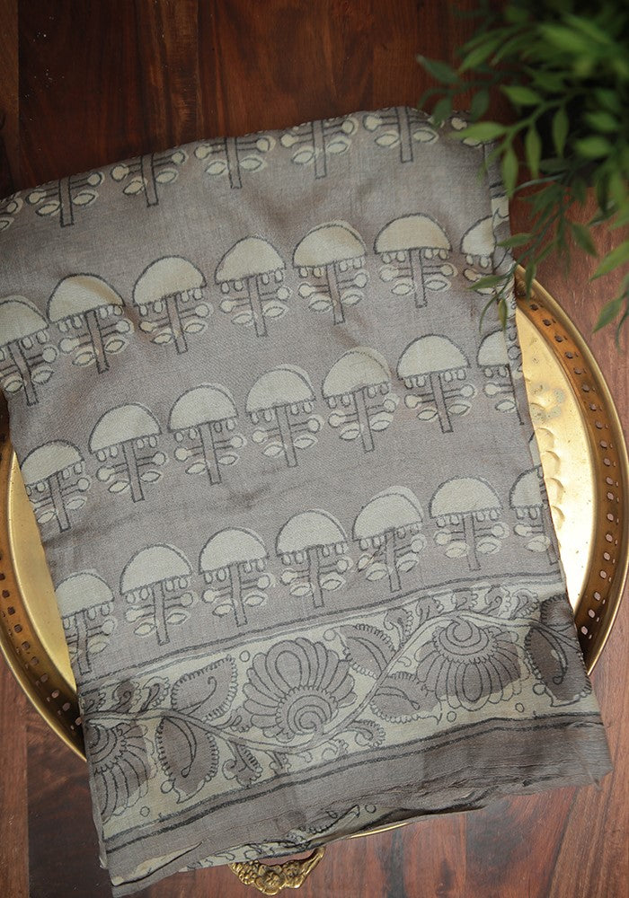 Cloudy Grey Block Printed Tussar Silk Saree with Umbrella Motif