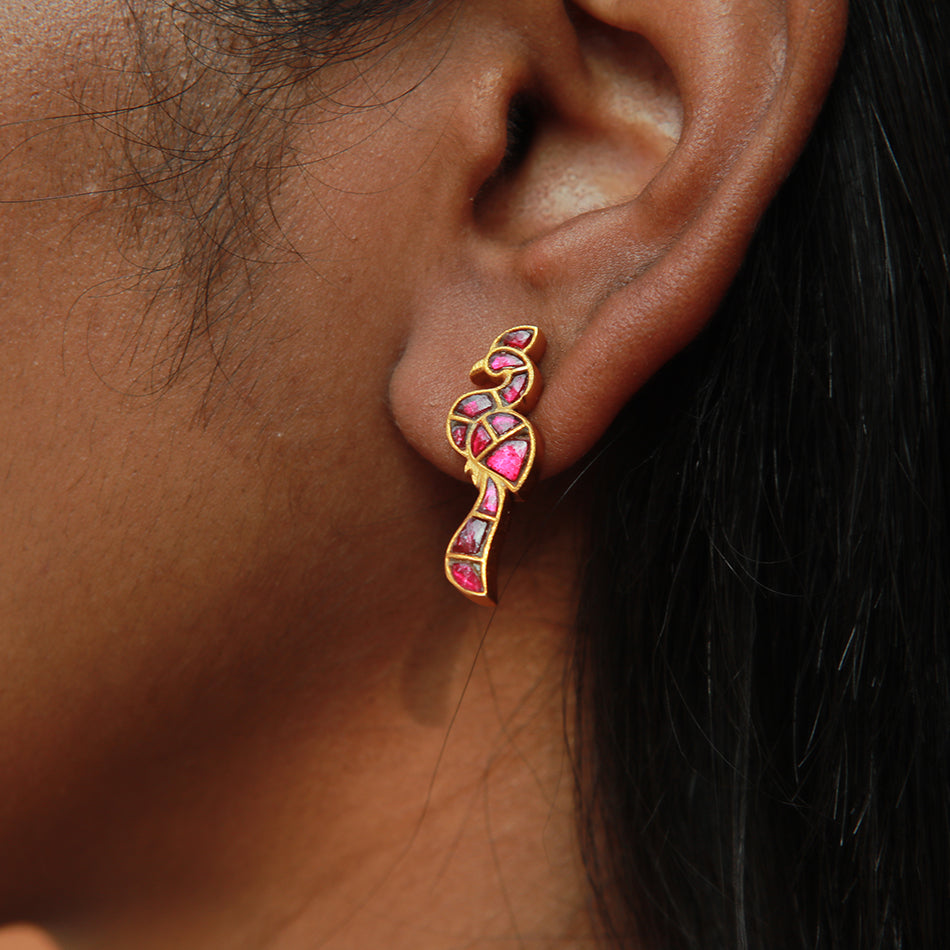 Gold Dipped Silver Peacock Earrings in Red Stones
