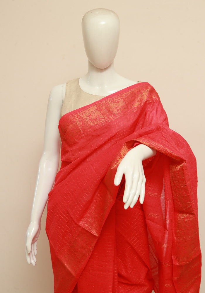 Soft Bengal Handwoven Khadi Cotton Saree - Warm Red