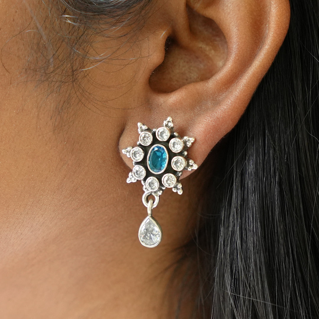 Sterling Silver Earrings with White and Blue Stones- Desically Ethnic