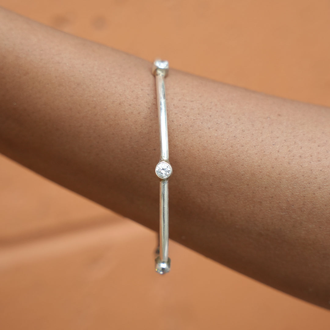 Daily Wear Sterling Silver Bangle with Round White Stones